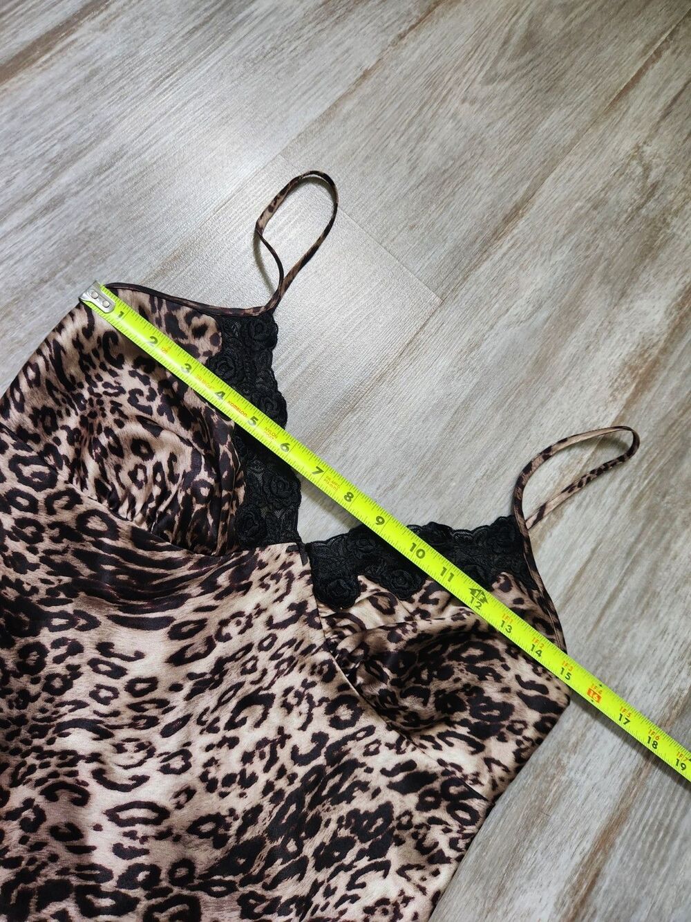 VTG Secret Treasures Leopard Satin Lace Trim Strappy Back Mini Slip Sz S EUC - Picture 7 of 12